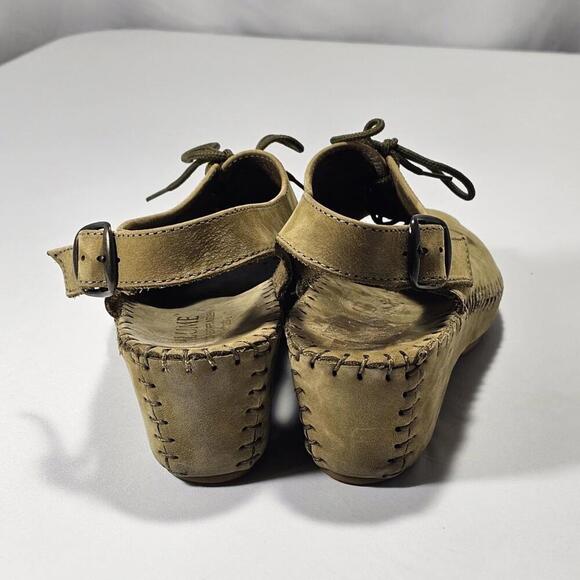 Vintage La Plume Women's Leather Slingback Lace Up Peep Toe Sandal Size 5 Olive - Picture 3 of 8